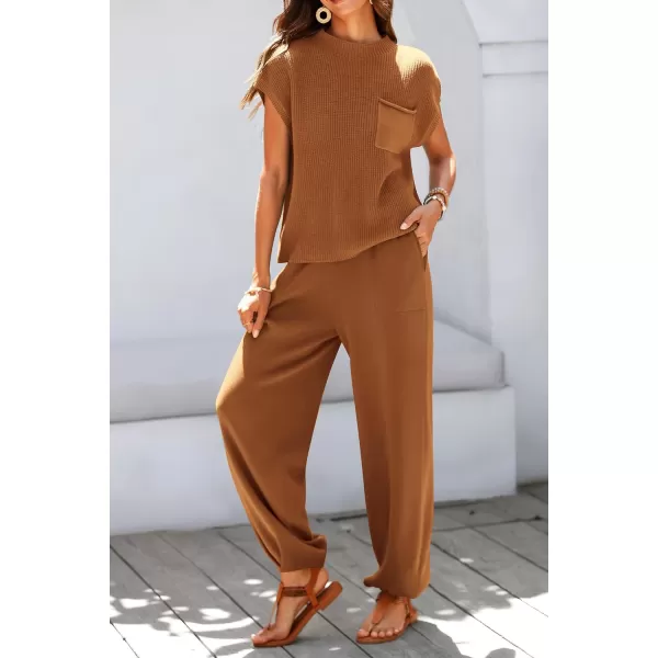 imagePRETTYGARDEN Womens Two Piece Outfits Sweater Sets Knit Pullover Tops And High Waisted Pants Matching Tracksuit Sweatsuit SetBrown