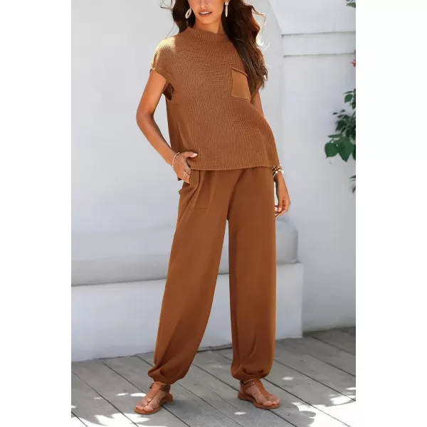 imagePRETTYGARDEN Womens Two Piece Outfits Sweater Sets Knit Pullover Tops And High Waisted Pants Matching Tracksuit Sweatsuit SetBrown