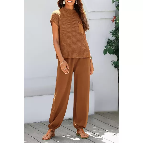imagePRETTYGARDEN Womens Two Piece Outfits Sweater Sets Knit Pullover Tops And High Waisted Pants Matching Tracksuit Sweatsuit SetBrown
