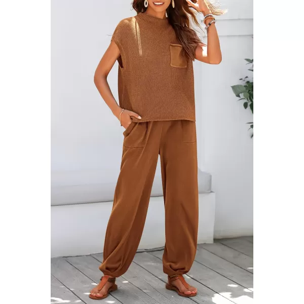 imagePRETTYGARDEN Womens Two Piece Outfits Sweater Sets Knit Pullover Tops And High Waisted Pants Matching Tracksuit Sweatsuit SetBrown