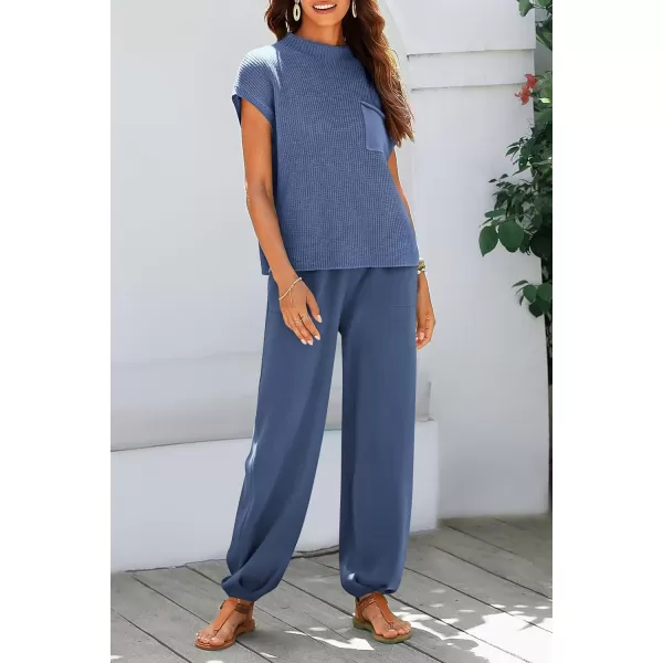 imagePRETTYGARDEN Womens Two Piece Outfits Sweater Sets Knit Pullover Tops And High Waisted Pants Matching Tracksuit Sweatsuit SetDark Blue