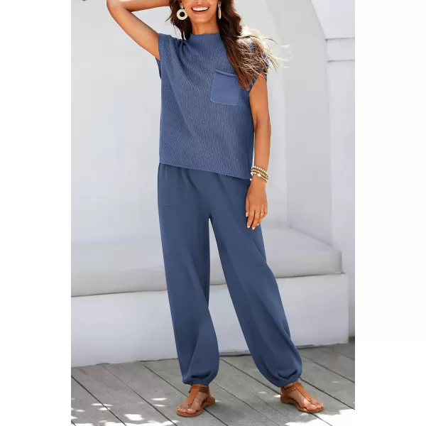 imagePRETTYGARDEN Womens Two Piece Outfits Sweater Sets Knit Pullover Tops And High Waisted Pants Matching Tracksuit Sweatsuit SetDark Blue