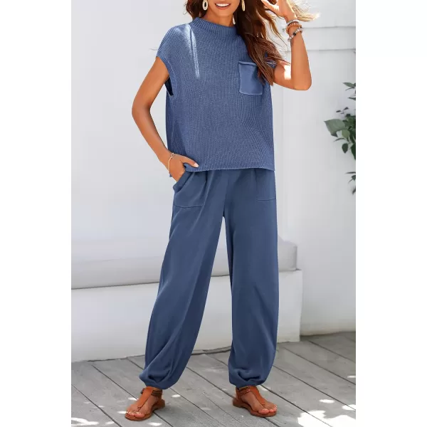 imagePRETTYGARDEN Womens Two Piece Outfits Sweater Sets Knit Pullover Tops And High Waisted Pants Matching Tracksuit Sweatsuit SetDark Blue