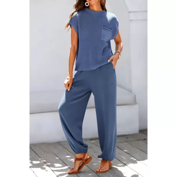 imagePRETTYGARDEN Womens Two Piece Outfits Sweater Sets Knit Pullover Tops And High Waisted Pants Matching Tracksuit Sweatsuit SetDark Blue