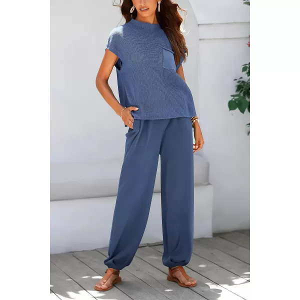 imagePRETTYGARDEN Womens Two Piece Outfits Sweater Sets Knit Pullover Tops And High Waisted Pants Matching Tracksuit Sweatsuit SetDark Blue