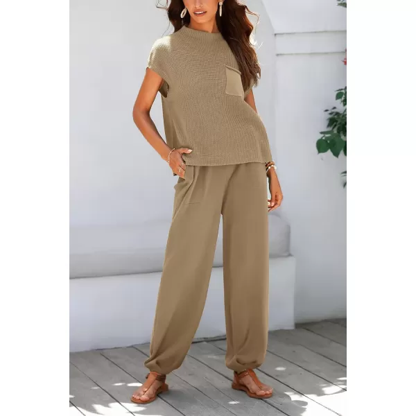 imagePRETTYGARDEN Womens Two Piece Outfits Sweater Sets Knit Pullover Tops And High Waisted Pants Matching Tracksuit Sweatsuit SetKhaki