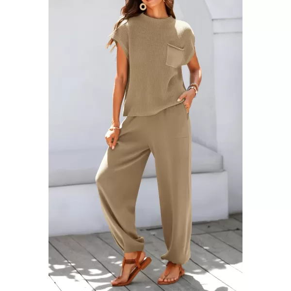 imagePRETTYGARDEN Womens Two Piece Outfits Sweater Sets Knit Pullover Tops And High Waisted Pants Matching Tracksuit Sweatsuit SetKhaki