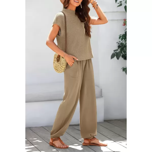 imagePRETTYGARDEN Womens Two Piece Outfits Sweater Sets Knit Pullover Tops And High Waisted Pants Matching Tracksuit Sweatsuit SetKhaki