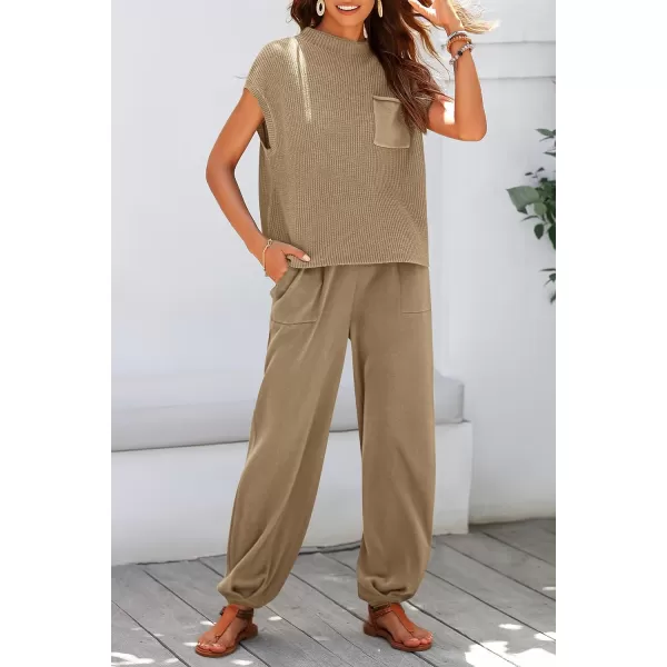 imagePRETTYGARDEN Womens Two Piece Outfits Sweater Sets Knit Pullover Tops And High Waisted Pants Matching Tracksuit Sweatsuit SetKhaki