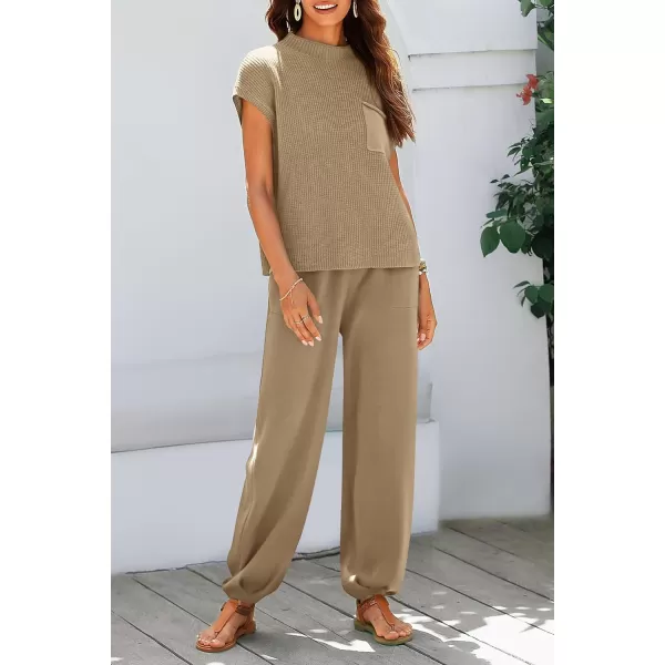 imagePRETTYGARDEN Womens Two Piece Outfits Sweater Sets Knit Pullover Tops And High Waisted Pants Matching Tracksuit Sweatsuit SetKhaki