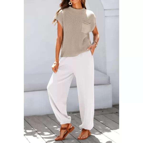 imagePRETTYGARDEN Womens Two Piece Outfits Sweater Sets Knit Pullover Tops And High Waisted Pants Matching Tracksuit Sweatsuit SetKhaki Beige White