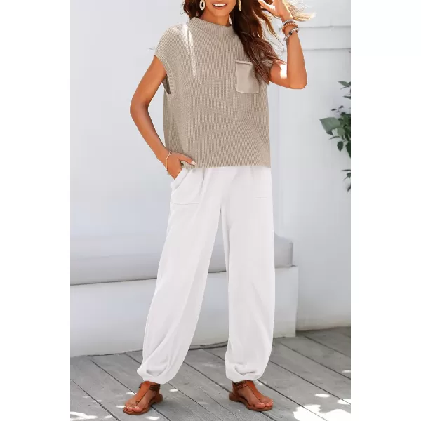 imagePRETTYGARDEN Womens Two Piece Outfits Sweater Sets Knit Pullover Tops And High Waisted Pants Matching Tracksuit Sweatsuit SetKhaki Beige White