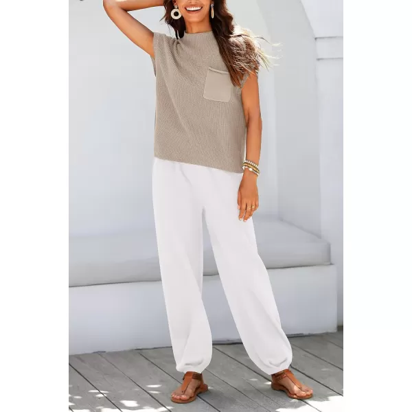 imagePRETTYGARDEN Womens Two Piece Outfits Sweater Sets Knit Pullover Tops And High Waisted Pants Matching Tracksuit Sweatsuit SetKhaki Beige White