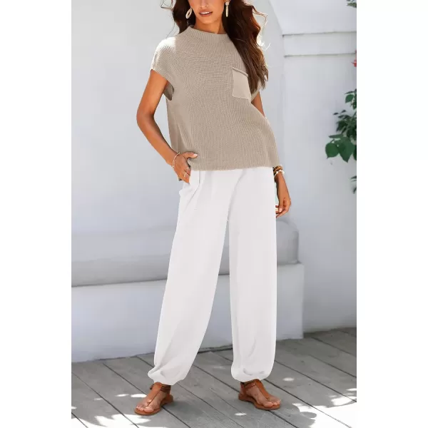 imagePRETTYGARDEN Womens Two Piece Outfits Sweater Sets Knit Pullover Tops And High Waisted Pants Matching Tracksuit Sweatsuit SetKhaki Beige White