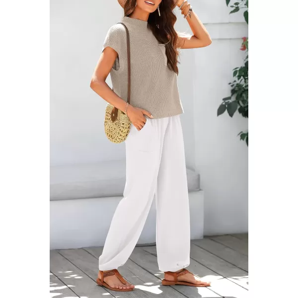 imagePRETTYGARDEN Womens Two Piece Outfits Sweater Sets Knit Pullover Tops And High Waisted Pants Matching Tracksuit Sweatsuit SetKhaki Beige White