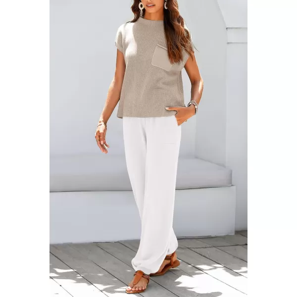 imagePRETTYGARDEN Womens Two Piece Outfits Sweater Sets Knit Pullover Tops And High Waisted Pants Matching Tracksuit Sweatsuit SetKhaki Beige White