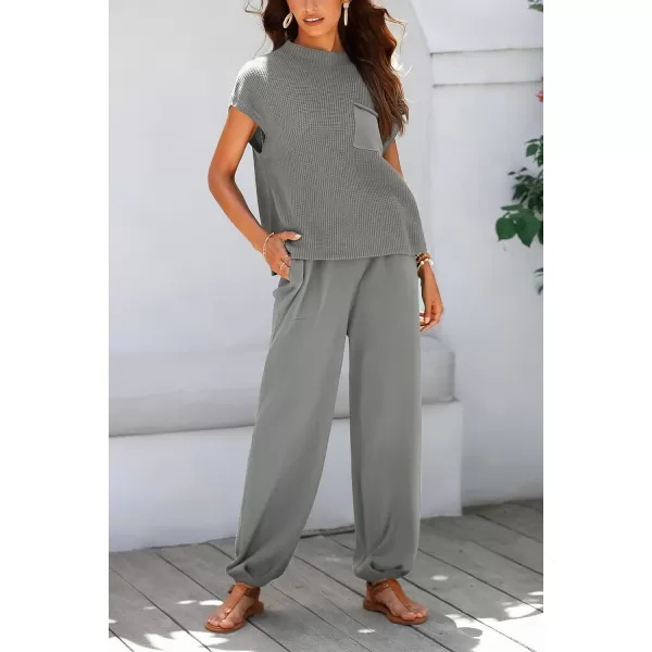 imagePRETTYGARDEN Womens Two Piece Outfits Sweater Sets Knit Pullover Tops And High Waisted Pants Matching Tracksuit Sweatsuit SetLight Grey