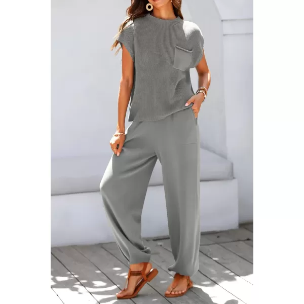 imagePRETTYGARDEN Womens Two Piece Outfits Sweater Sets Knit Pullover Tops And High Waisted Pants Matching Tracksuit Sweatsuit SetLight Grey