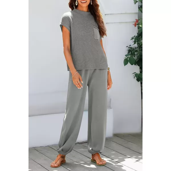 imagePRETTYGARDEN Womens Two Piece Outfits Sweater Sets Knit Pullover Tops And High Waisted Pants Matching Tracksuit Sweatsuit SetLight Grey