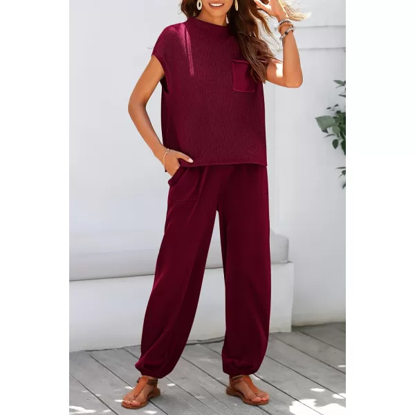 imagePRETTYGARDEN Womens Two Piece Outfits Sweater Sets Knit Pullover Tops And High Waisted Pants Matching Tracksuit Sweatsuit SetWine Red