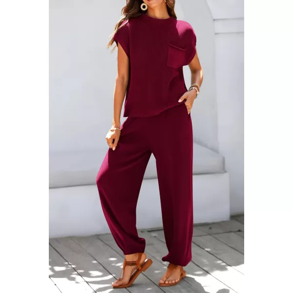 imagePRETTYGARDEN Womens Two Piece Outfits Sweater Sets Knit Pullover Tops And High Waisted Pants Matching Tracksuit Sweatsuit SetWine Red