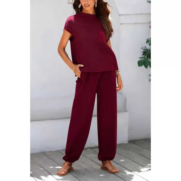 imagePRETTYGARDEN Womens Two Piece Outfits Sweater Sets Knit Pullover Tops And High Waisted Pants Matching Tracksuit Sweatsuit SetWine Red