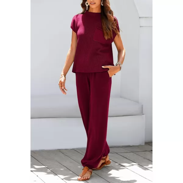 imagePRETTYGARDEN Womens Two Piece Outfits Sweater Sets Knit Pullover Tops And High Waisted Pants Matching Tracksuit Sweatsuit SetWine Red