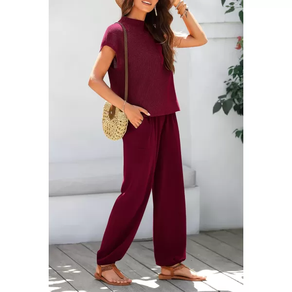 imagePRETTYGARDEN Womens Two Piece Outfits Sweater Sets Knit Pullover Tops And High Waisted Pants Matching Tracksuit Sweatsuit SetWine Red