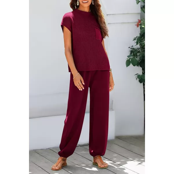 imagePRETTYGARDEN Womens Two Piece Outfits Sweater Sets Knit Pullover Tops And High Waisted Pants Matching Tracksuit Sweatsuit SetWine Red