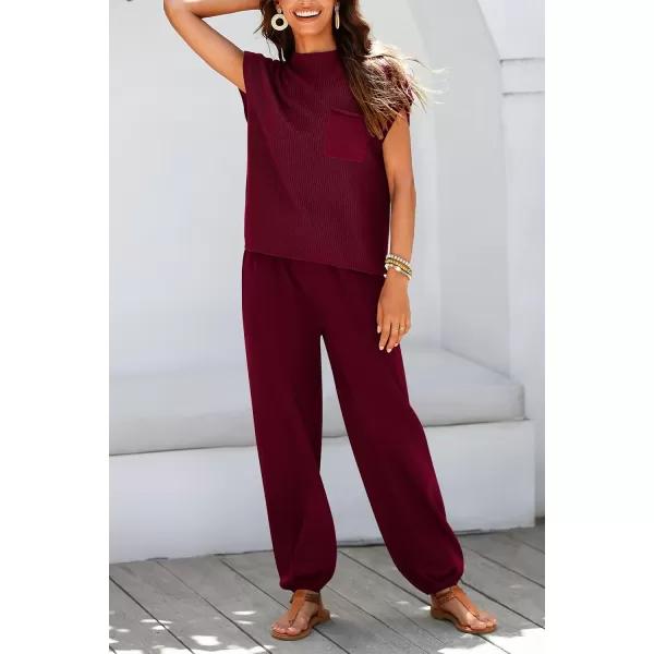 imagePRETTYGARDEN Womens Two Piece Outfits Sweater Sets Knit Pullover Tops And High Waisted Pants Matching Tracksuit Sweatsuit SetWine Red