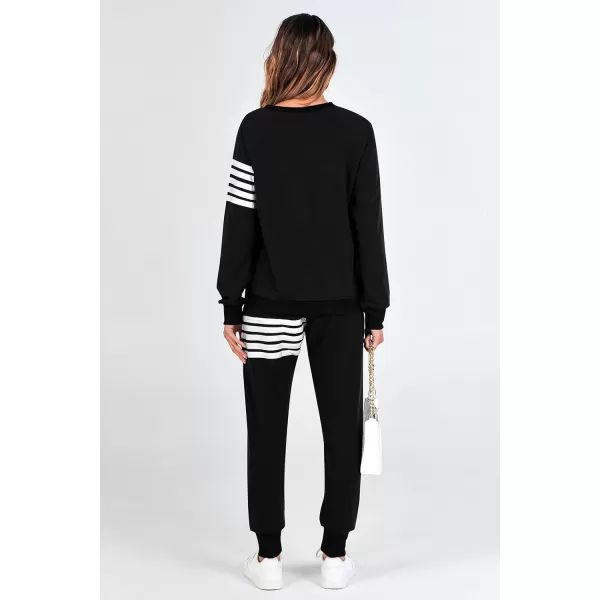 imagePRETTYGARDEN Womens Two Piece Striped Outfits Casual Long Sleeve Top and Sweatpants Matching Tracksuit Jogger SetBlack