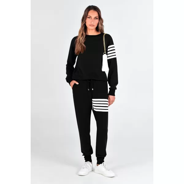 imagePRETTYGARDEN Womens Two Piece Striped Outfits Casual Long Sleeve Top and Sweatpants Matching Tracksuit Jogger SetBlack