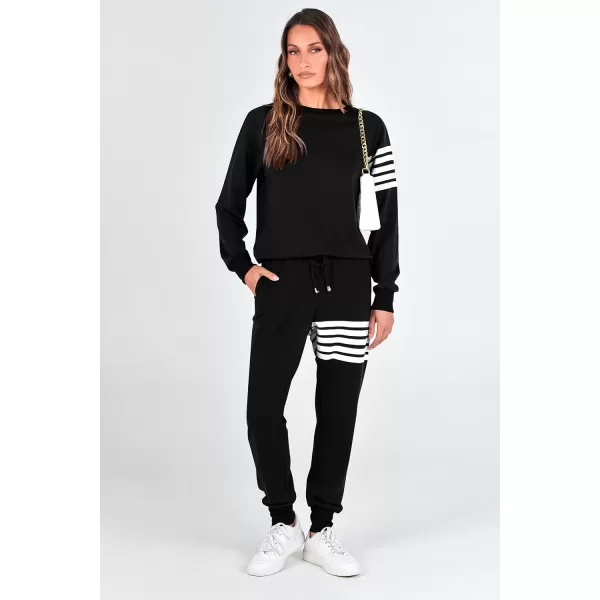 imagePRETTYGARDEN Womens Two Piece Striped Outfits Casual Long Sleeve Top and Sweatpants Matching Tracksuit Jogger SetBlack