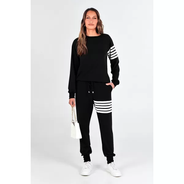 imagePRETTYGARDEN Womens Two Piece Striped Outfits Casual Long Sleeve Top and Sweatpants Matching Tracksuit Jogger SetBlack
