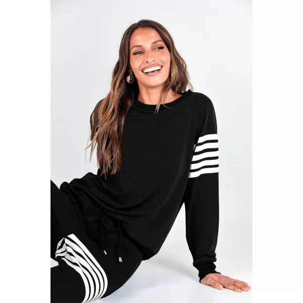 imagePRETTYGARDEN Womens Two Piece Striped Outfits Casual Long Sleeve Top and Sweatpants Matching Tracksuit Jogger SetBlack