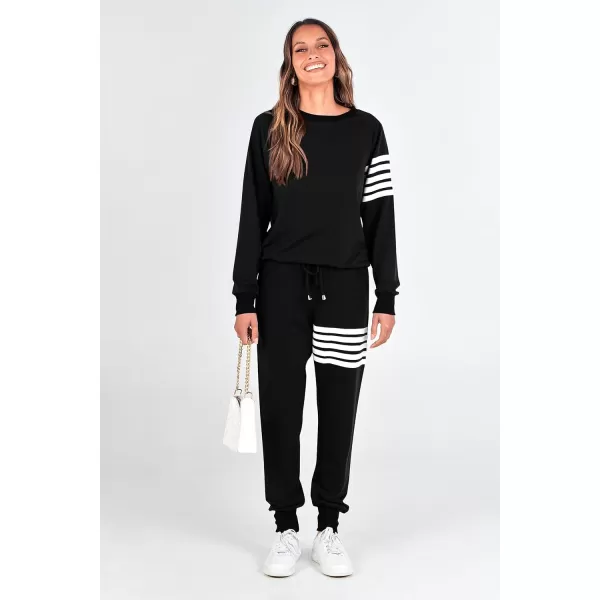 imagePRETTYGARDEN Womens Two Piece Striped Outfits Casual Long Sleeve Top and Sweatpants Matching Tracksuit Jogger SetBlack