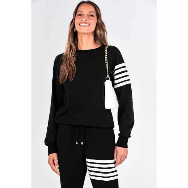 imagePRETTYGARDEN Womens Two Piece Striped Outfits Casual Long Sleeve Top and Sweatpants Matching Tracksuit Jogger SetBlack