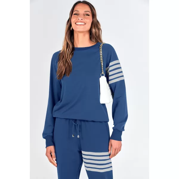 imagePRETTYGARDEN Womens Two Piece Striped Outfits Casual Long Sleeve Top and Sweatpants Matching Tracksuit Jogger SetDark Blue