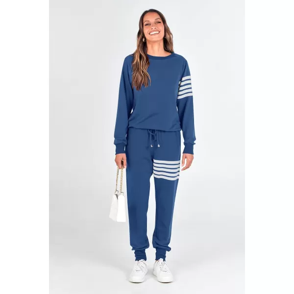 imagePRETTYGARDEN Womens Two Piece Striped Outfits Casual Long Sleeve Top and Sweatpants Matching Tracksuit Jogger SetDark Blue