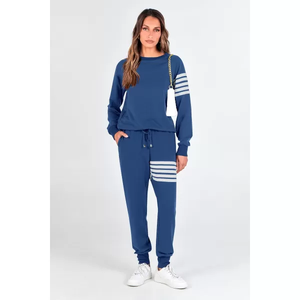imagePRETTYGARDEN Womens Two Piece Striped Outfits Casual Long Sleeve Top and Sweatpants Matching Tracksuit Jogger SetDark Blue