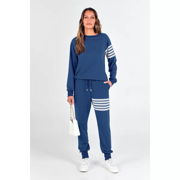 imagePRETTYGARDEN Womens Two Piece Striped Outfits Casual Long Sleeve Top and Sweatpants Matching Tracksuit Jogger SetDark Blue