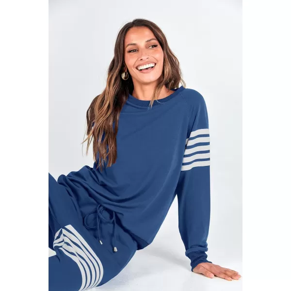 imagePRETTYGARDEN Womens Two Piece Striped Outfits Casual Long Sleeve Top and Sweatpants Matching Tracksuit Jogger SetDark Blue