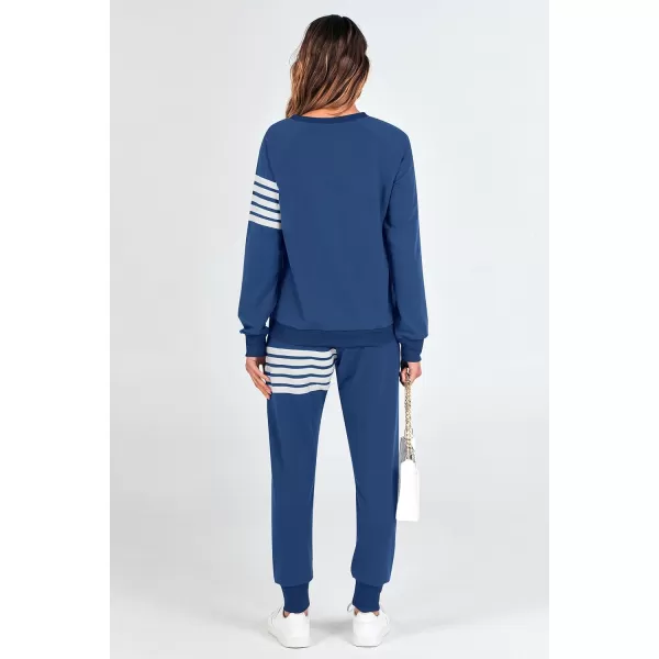 imagePRETTYGARDEN Womens Two Piece Striped Outfits Casual Long Sleeve Top and Sweatpants Matching Tracksuit Jogger SetDark Blue