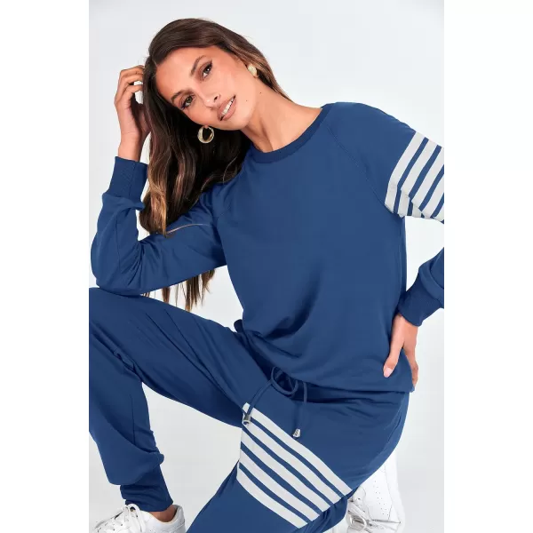 imagePRETTYGARDEN Womens Two Piece Striped Outfits Casual Long Sleeve Top and Sweatpants Matching Tracksuit Jogger SetDark Blue