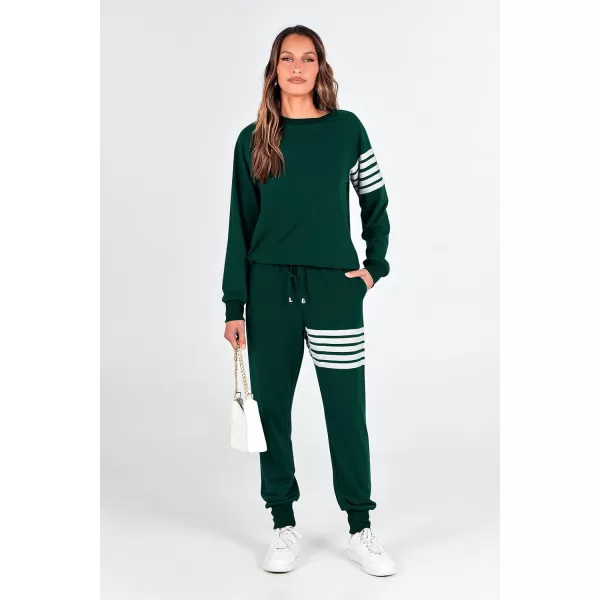 imagePRETTYGARDEN Womens Two Piece Striped Outfits Casual Long Sleeve Top and Sweatpants Matching Tracksuit Jogger SetDark Green