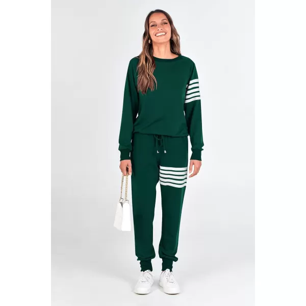 imagePRETTYGARDEN Womens Two Piece Striped Outfits Casual Long Sleeve Top and Sweatpants Matching Tracksuit Jogger SetDark Green