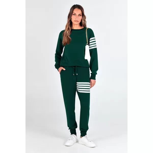 imagePRETTYGARDEN Womens Two Piece Striped Outfits Casual Long Sleeve Top and Sweatpants Matching Tracksuit Jogger SetDark Green
