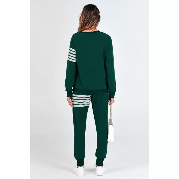 imagePRETTYGARDEN Womens Two Piece Striped Outfits Casual Long Sleeve Top and Sweatpants Matching Tracksuit Jogger SetDark Green