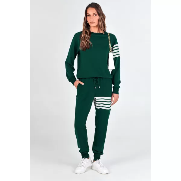 imagePRETTYGARDEN Womens Two Piece Striped Outfits Casual Long Sleeve Top and Sweatpants Matching Tracksuit Jogger SetDark Green