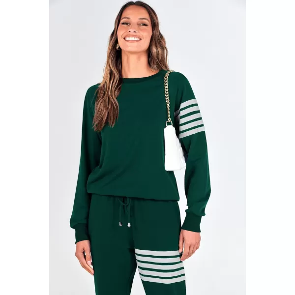 imagePRETTYGARDEN Womens Two Piece Striped Outfits Casual Long Sleeve Top and Sweatpants Matching Tracksuit Jogger SetDark Green